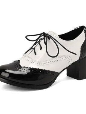 🆕 Womens Vintage Oxfords Shoes 1950s Chunky High Heels Lace Up Wingtip Two